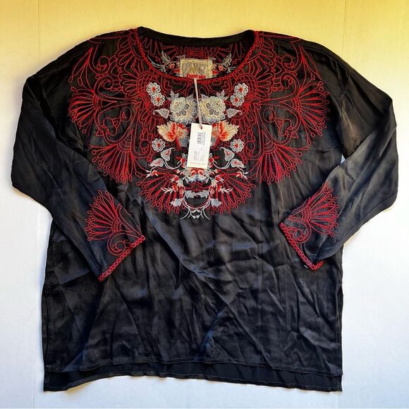 Johnny Was Biya Black Adira Satin Embroidered Blouse Size Small NWT - Picture 2 of 8